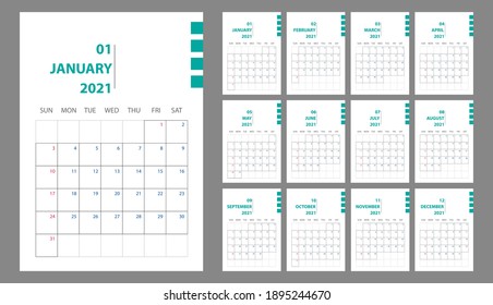 Vektorgrafik des neuen Jahreskalenders 2021 in minimalistischem Tischstil und organischer Töngrün und Rosengoldfarbe,Holiday Event-Planer,Week Starts Sonntag