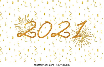 Ilustración manuscrita de pincel caligráfico de Año Nuevo Vector 2021, fondo de caída de confetti, plantilla de tarjeta de saludo de oro.