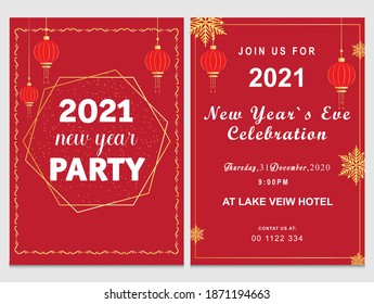 vector 2021 new year invitation card front and back with red background, white text and ornaments.