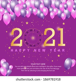 Vektor 2021 Neujahr violetter Hintergrund mit goldener Glitterkonfetti. Festliche Premium-Design-Vorlage für Feiertagskarte, Einladung, Kalender mit schwimmenden Partyballons .