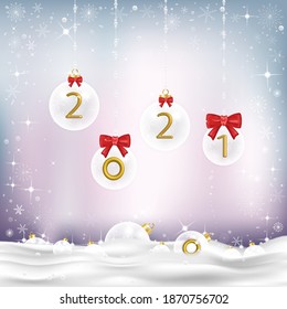 Vector 2021 auf Chritsmas Bälle mit Schneeflocken Rahmen, Eleganter Weihnachtshintergrund oder Neujahr Hintergrund mit Schneeflocken und Kopienraum für Text.