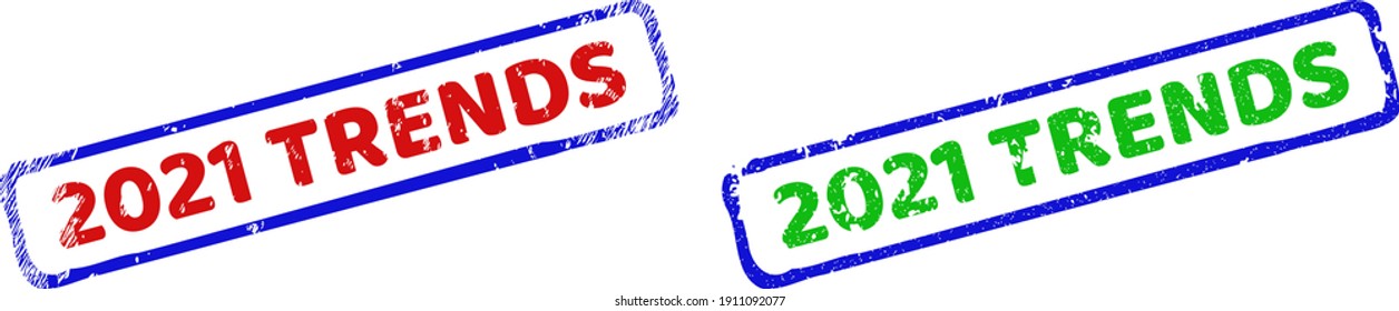 Vector 2021 TRENDS framed rubber imitations with scratched texture. Rough bicolor rectangle seal stamps. Red, blue, green colors used.