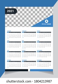 Vector 2021 Years One Page Calendar template, Pocket Calendar, Business Calendar Set of 12 months. Week starts on Sunday. Blue white background.