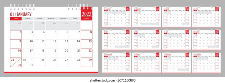 Vector 2022 calendar planner template for office and print, Sunday week start, color illustration