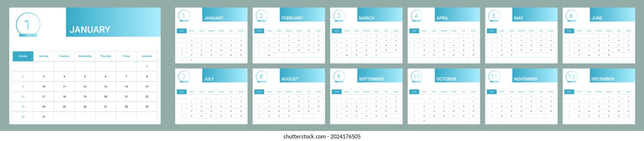 vector of 2022 calendar. set of 12 month calendar template. gradient blue and green as theme.2022 corporate wall calendar with minimal design. sunday as weekend. week start on sunday.