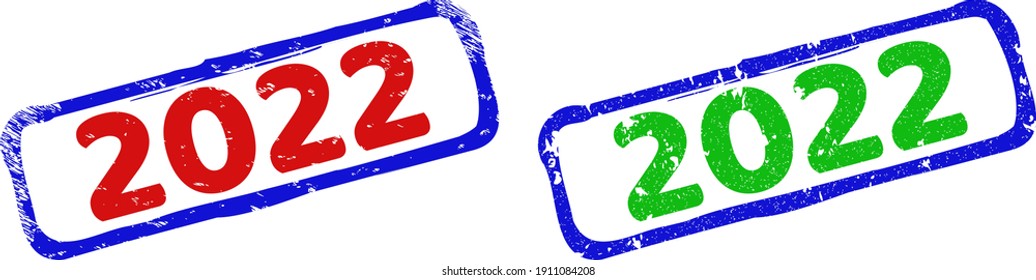 Imitaciones de caucho enmarcadas del vector 2022 con estilo rayado. Sellos de sello rectangulares rígidos bicolor. Colores rojos, azules y verdes. Sellos de sello de grunge plano con 2022 frases dentro de un rectángulo bruto.
