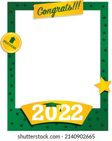 Vector of 2022 graduate photo frame in green and yellow color with mask and cap. Congratulatory photoboth and selfie concept at the end of high school or university