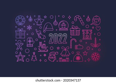 Vector 2022 Happy New Year and Merry Xmas concept horizontal outline Christmas Greeting banner or illustration on dark background 