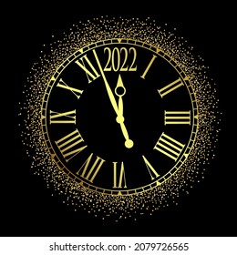 Vector 2022 Feliz Año Nuevo reloj clásico de brillo de oro sobre fondo negro,ilustración EPS10.