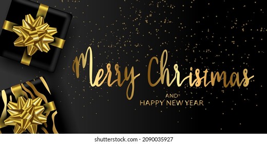 Vector. 2022 Happy New Year, Merry Christmas. Christmas gift boxes with a tiger. 2022 year of the tiger. Festive design. Background for winter holidays. 3d realistic vector illustration.