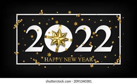 Vector 2022 Happy New Year background with gift with golden bow