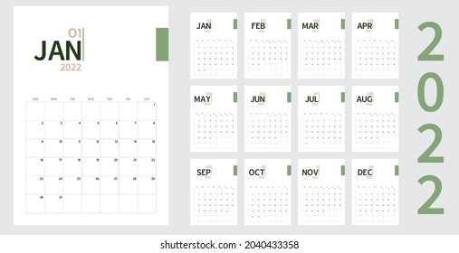 Vector del calendario del año nuevo 2022 en la mesa mínima estilo sencillo y tono orgánico color verde y rosa dorado,Planificador de eventos de vacaciones,Semana empieza el domingo