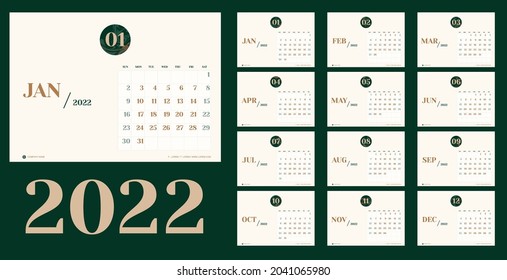 Vector 2022 new year calendar planner template in minimal table vintage style with marble month texture number,Holiday event planner,Week Starts Sunday.layout annual calender.timetable for diary