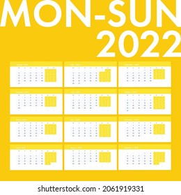 Vector 2022 new year calendar. Clean minimalistic design, table style, trendy honeycomb yellow color. Wall calendar, holiday event planner, desktop calendar. Week Starts Monday, horizontal format.