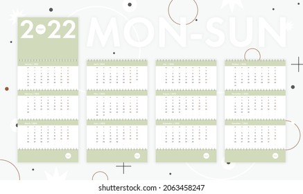 Vector 2022 new year calendar. Clean minimalistic design, table style, trendy mint jade color. Wall calendar, holiday event planner, desktop calendar. Week Starts Monday, horizontal format.