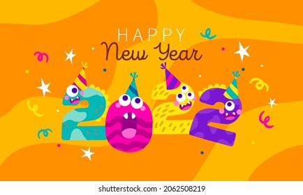 Vector 2022 New year. Hand drawn Monster doodle date