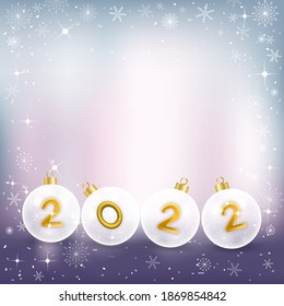 Vector 2022 on Chritsmas balls with snowflakes frame, Elegant Christmas or New year background with snowflakes and copy space for text.