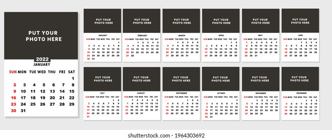 Vector 2022 year calendar grid. All year on one page, monthly grid on separate pages. A place for a picture, logotype of a company, slogan, contacts. calendar template for 2022 year. 12 pages. 