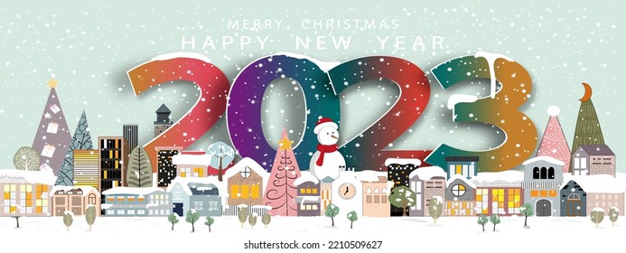 Vector 2023 Happy New Year and Merry Christmas with Winter city landscape on green sky background. Winter wonderland in the town with snow falling on New year eve,Design banner for greeting card