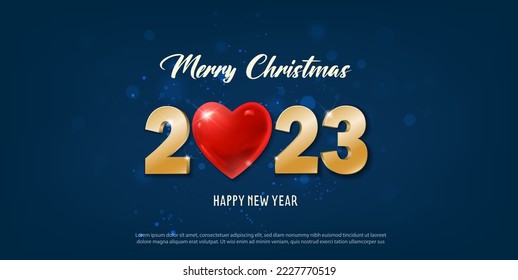 vector 2023 happy new year with red heart in the middle and merry christmas banner. Celebration background. Greeting banner and poster.