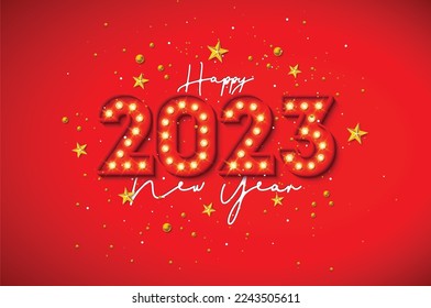 Vector 2023 happy new year illustration with 3d typography lettering, and ball with star on red background.