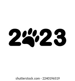 Vector 2023 lettering with cat paw footprint isolated on white background
