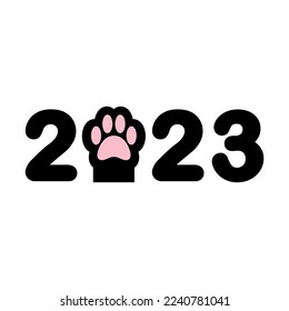 Grabado vector 2023 con huella de pata de gato aislado en fondo blanco