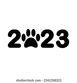 Vector 2023 lettering with cat paw footprint isolated on white background