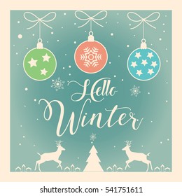 Vector 2023 Merry Christmas Happy New Year greeting card. Christmas ball, fir tree, star, reindeer, snow, falling snowflake ornament Christmas decoration Hello Winter lettering retro Holiday Vintage