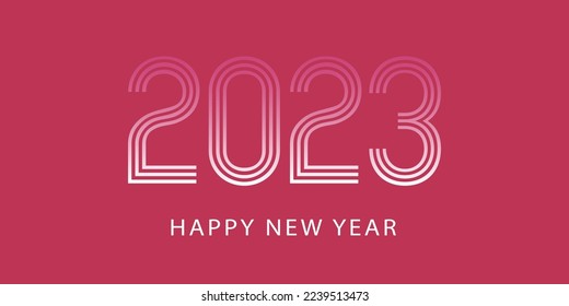 Vector 2023 new year banner. Viva Magenta 18-1750 color of the year 2023. Viva magenta trendy background and striped text. Gradient happy new year text.