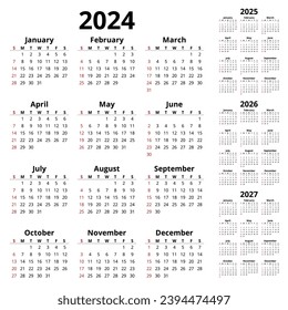 Vector 2024, 2025, 2026, 2027 vertikale englische Kalender. Einfache, druckbare Illustration. Planen Sie Ihr Jahr mit Kalenderstil