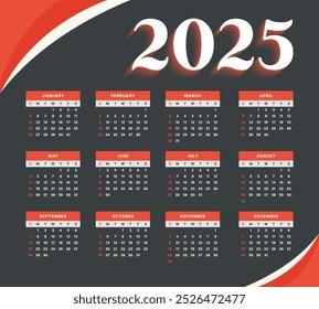 Vector 2025 Calendario Anual Diseño de Plantilla
