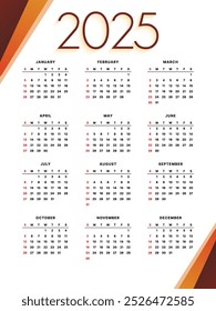Vector 2025 Annual Printable Calendar Template Design