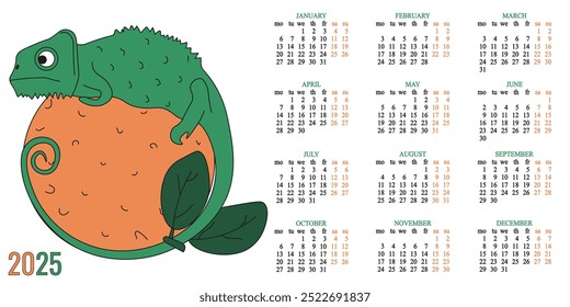 Vector 2025 Kalender Template Design mit flachem Salamander auf Orange. Lizard und Kalender auf 2025 neues Jahr mit Datumsraster. Vektorgrafik. EPS 10