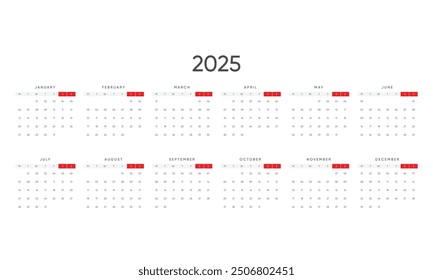 Vector 2025. Plantilla de calendario 2025. Calendario imprimible 2025