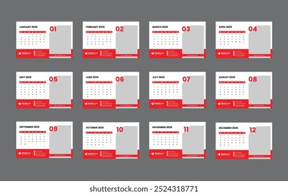 Calendario de Vector 2025 Calendario de mesa de Plantilla de 12 páginas La semana de Plantilla del planificador 2025 comienza el lunes