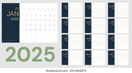 Vector 2025 new year calendar planner template in minimal table number,Holiday event planner,Week Starts Sunday.layout annual calender.timetable for diary