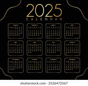 Vector 2025 New Year Golden Calendar Template. Luxury Calendar 2025