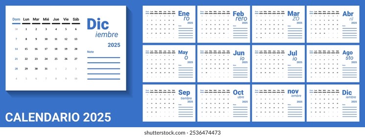 Vektor des spanischen Kalenders 2025. Vorlage des Tischkalenders mit horizontaler oder landschaftlicher Ausrichtung.Wochenanfang am Sonntag.Sonntag ist Wochenende. blau als Hauptfarbe.Kalendergröße kompatibel mit A5-Format.