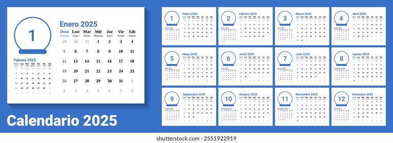 Vector del calendario español 2025. Plantilla del calendario 2025 con tamaño A5 y diseño paisajístico. inicio de semana el domingo. Domingo como fin de semana. azul y blanco como color principal. compatible con tamaño A4.