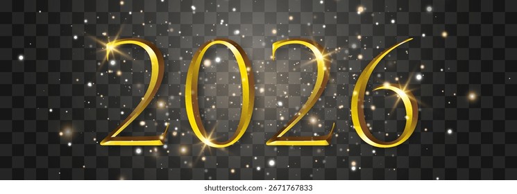 Vector 2026, diseño de partículas de oro de Feliz Año Nuevo. Vector lujoso destellos de luz. Partículas de brillo de oro de Vector brillan aisladas sobre fondo de png