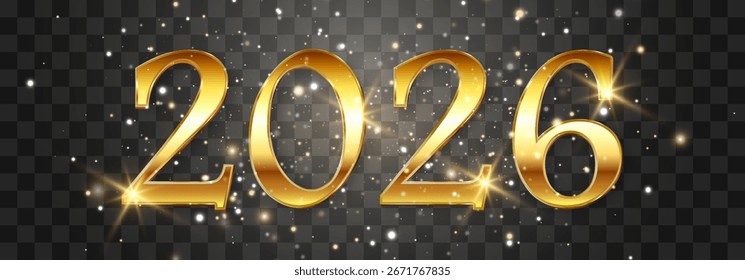 Vector 2026, Happy New Year gold particles design. Vector luxury light sparkles. Vector gold glitter particles shine isolated on png background