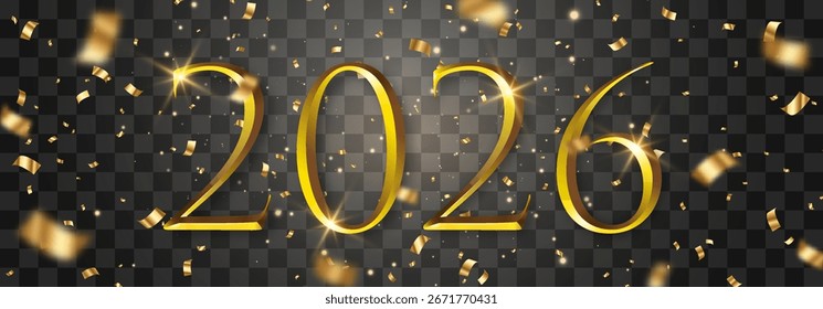 Vector 2026, Happy New Year Gold Partikel Design. Vektor Luxus Licht funkelt. Vektorgold Glitzerpartikel glänzen einzeln auf png Hintergrund