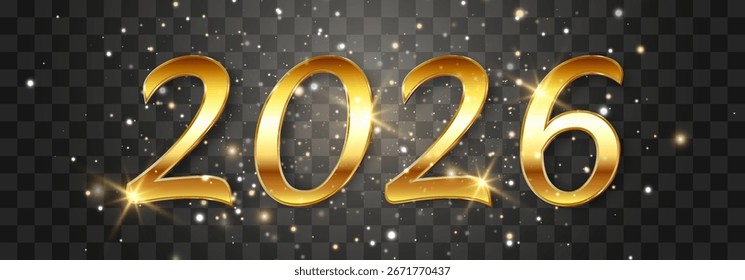 Vector 2026, diseño de partículas de oro de Feliz Año Nuevo. Vector lujoso destellos de luz. Partículas de brillo de oro de Vector brillan aisladas sobre fondo de png