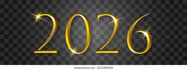 Vetor 2026, Feliz Ano Novo design de partículas de ouro. Luz de luxo vetorial brilha. Partículas de glitter de ouro vetorial brilham isoladas no fundo png