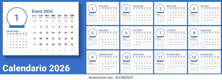 Vector of 2026 Spanish calendar. template of 2026 desk calendar with A4 size and landscape design. week start on Sunday. Sunday as weekend. blue and white as main color. compatible with A5 size.
