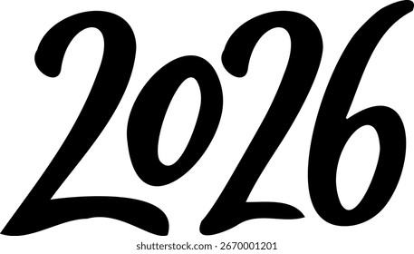 Vektor 2026 Jahr schwarze Handschrift Schriftart. Weißer Hintergrund. Alleinstehender Typografie-Text für Kalenderdesign, Flyer, Banner, Poster
