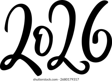 Vektor 2026 Jahr schwarze Handschrift Schriftart. Weißer Hintergrund. Alleinstehender Typografie-Text für Kalenderdesign, Flyer, Banner, Poster