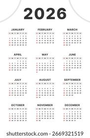 Vector 2026 Year Calendar Printable Template