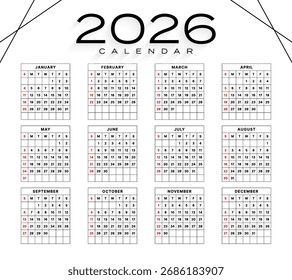 Vector 2026 Year Calendar Printable Template
